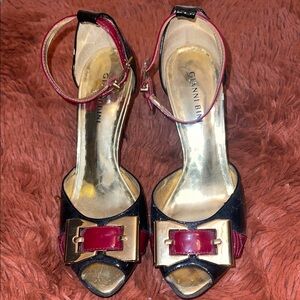 Gianni Bini Black and Burgundy Peep-Toe Ankle-Strap Heels with Gold Buckle
